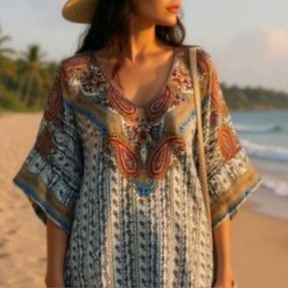 Johnny Was  100% Silk multicolored V Neck tunic Size M